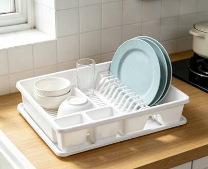 HOMYGO-Plastic Dish Drying Rack 48x38x9cm, Kitchen Dish Organizer, White And Grey, Dish Drainer With Cutlery Holder For Countertop