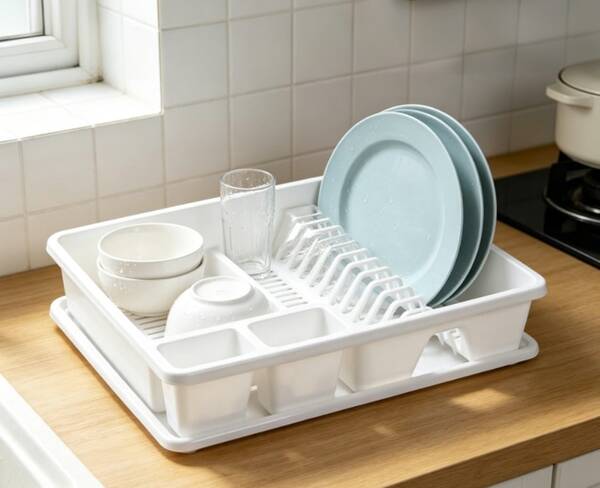 HOMYGO-Plastic Dish Drying Rack 48x38x9cm, Kitchen Dish Organizer, White And Grey, Dish Drainer With Cutlery Holder For Countertop
