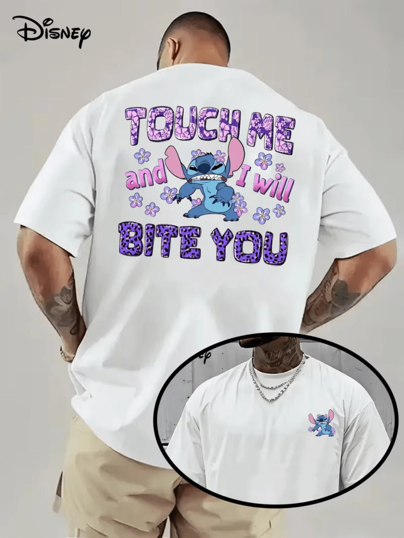 (Disney Licensed)Disney Lilo & Stitch Men's T-Shirt, "Touch Me And I Will Bite You" Graphic Tee, Oversized Crew Neck Short Sleeve Casual Streetwear T-Shirt, Angry Stitch With Leopard Print Letters And Flowers Print Men's Summer Top, Disney Officially Authorized Men's Short-Sleeved T-Shirts, Mens Clothes, Men, Ropa De Hombre, Summer Clothes, Men Shirts, Graphic Tees, Disney Outfits Men, Graphic Tees, Camisetas Para Hombre, Camisas Para Hombre, Summer Outfits For Men, Father's Day Gift, Perfect Gift For Family And Friends, Which Are Necessary For Birthday Parties, Disney Shirts, Mens Clothes, Summer Clothes, Officially Licensed Disney T-Shirts, Disney Men's And Women's Spring/Summer Fashion Casual Short-Sleeve T-Shirts - 白色 - 查看 1