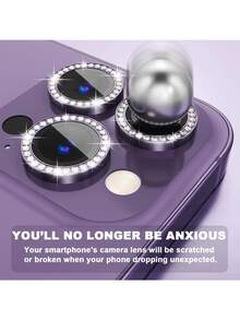 Rhinestone Camera Lens Protector Ring, Aluminum Alloy Anti-Scratch Lens Film, Suitable For IPhone 17 Pro Max/16 Pro Max/16 Plus/15/14/13/12/11 Rear Camera Protection - Purple - View 2