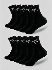 3/5/10 双个性化黑白蝴蝶结图案休闲袜，简约时尚，百搭舒适，商务休闲长袜，适合运动，秋冬季保暖，中筒情侣袜。 - 彩色 - 查看 2