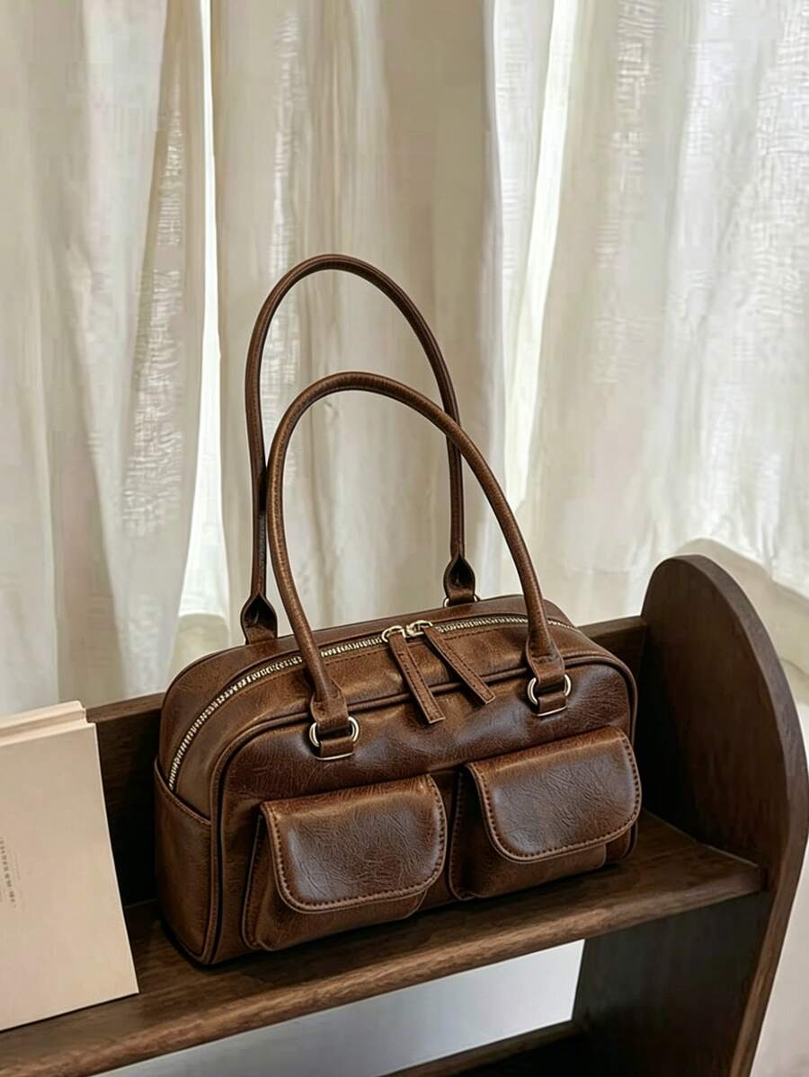 Black Fashionable Motorcycle-Style Shoulder Bag, Multi-Pocket Design, Suitable For Work Commute, Street Style And Japanese Style, Essential For Women - Coffee Brown - View 1
