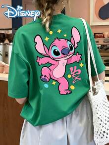 Disney-Themed, Vibrant Pink Stitch Jumping Pattern Print Oversized Women's Fashion Crew Neck T-Shirt, Perfect For Spring And Summer Casual Wear-A Thoughtful Gift For Her. - 綠色 - 查看 3