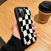 Wavy Checkered Flag Pattern Faux Leather Wallet Case For IPhone 17/16 Pro Max/15/14/13/12/11/ Galaxy Phone Cases|Slim Shockproof TPU With 3 Card Slots|Gift Idea- Replace Your Wallet - Black - View 1