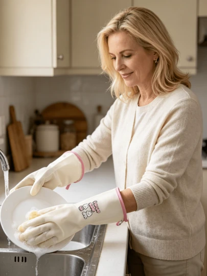 1 par de guantes de cocina con diseño lindo - Goma gruesa para todo el año, forro de felpa impermeable, a prueba de aceite y sin olor, gancho colgante para secar, perfectos para lavar platos, lavar ropa y limpiar la casa, festivales, fiestas