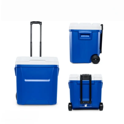 60 QT Wheeled Ice Chest Cooler, Blue, Insulated Portable Cooler With Locking Telescoping Handle, Self-Draining Cup Holders And Drain Plug, Heavy-Duty Leak-Proof Cooler