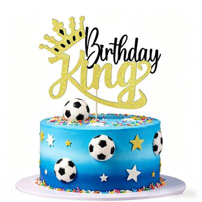 1pc Glitter Birthday King Cake Topper With Crown Design, Sparkling Sports Theme Cake Decoration For B*Ys Birthday, Shiny Party Dessert Table Supplies