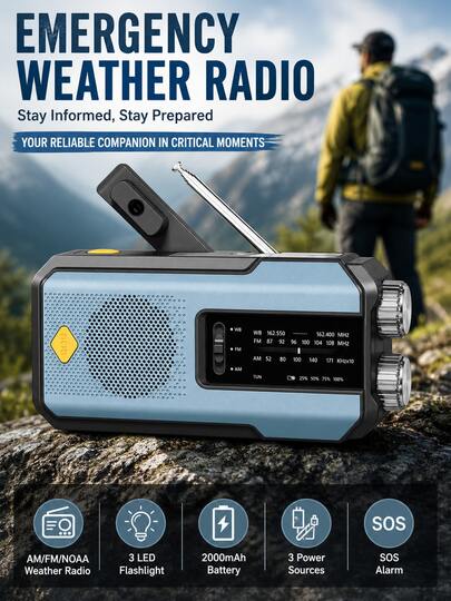 Radio de emergencia con manivela solar con foco LED ultra brillante de 3x0.2W, alimentación solar y batería recargable de 7400mWh - AM/FM/Alerta meteorológica NOAA, cargador de teléfono tipo C, generación de energía con manivela, alarma SOS para camping, senderismo y preparación para exteriores