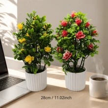 1pc Artificial Potted Flower Plant, Fake Bonsai With White Planter, Faux Greenery Decor For Living Room, Bedroom, Office - Yellow - View 4