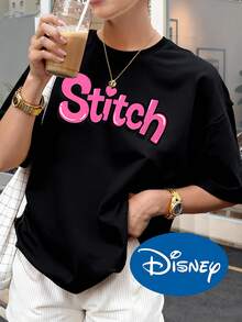 Disney-Licensed Lilo & Stitch Pink Stitch Front-And-Back Print T-Shirt: Cute, Cartoon-Style, Casual, Loose-Fit, Versatile Short-Sleeve Top - 黑色 - 查看 2