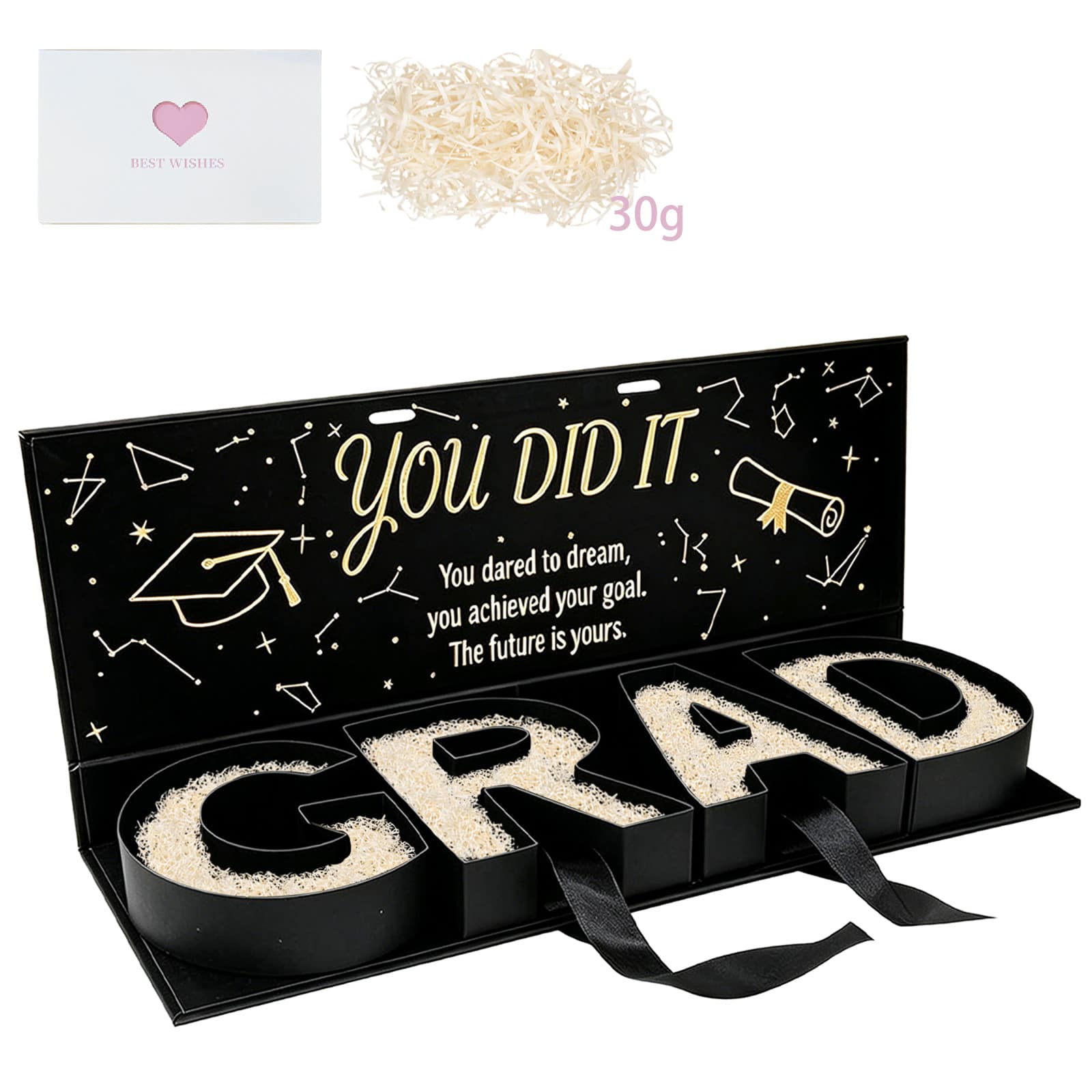 GRAD Abschlussgeschenkbox mit "Du hast es geschafft" Design, Raffia & Karte, perfekt für Abschlussfeier & Abschlussgeschenke - Übersicht 1