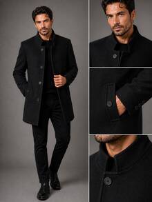 Men's Overcoat, Felted Wool, High Collar. - 黑色 - 查看 4