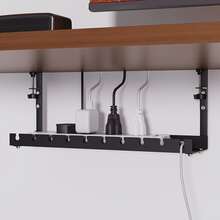 Drill-Free Desktop Cable Management Tray, Home Storage Organizer - Suitable For Organizing Wires, Power Strip Brackets, And Equipped With Cable Ties And Mounting Clips. Wall-Mounted Hidden Cable Channel Rack, Adjustable Length Cable Shelf, Desktop Organizer Storage Rack, Router And Data Cable Bracket, Cable Management Box. Perfect For Home, Office, Desk, Bedroom And Living Room Use. - Black - View 3