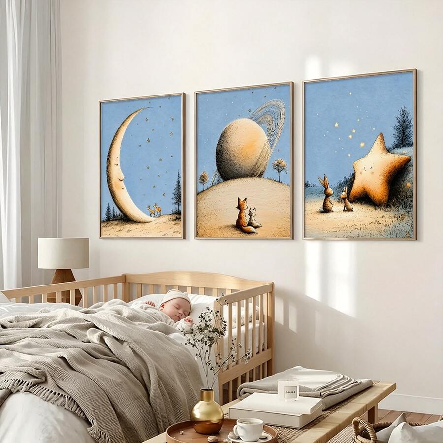 1/3pcs Moon And Deer Themed Kids Room Wall Art, Whimsical Fox Art Print | Dreamy Decor, Fairy Tale Rabbit Themed Kids Room Wall Art | Whimsical Starry Sky Wall Decor. Starry Sky Forest Themed Kids Room Decoration,Canvas Wall Art Posters For Room Home Decor Room Decor AestheticOptional Frame Room DecorRoom Decoration Stuff Wall Decor Bedroom Decor Baby Room Decoration Living Room Decor Office Decor