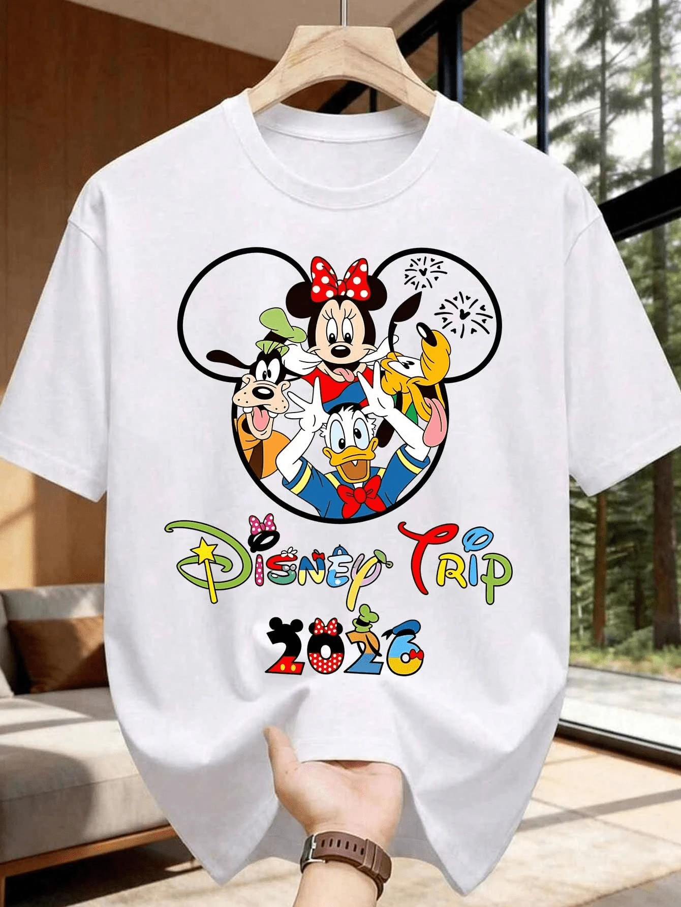 (Loose Version) 2026 Disney Trip Mickey Mouse Headwear T-Shirt | The Same Style T-Shirt Suitable For Disney Family Vacations | Minnie, Donald Duck, Goofy, Pluto Cartoon Patterns For Men, Women, Four Seasons Style Shirts - 白色 - 查看 1