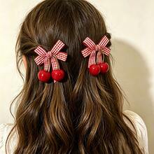 2 pièces Clips à cheveux nœud papillon à carreaux rétro avec cerise, clips à cheveux nœud papillon à carreaux mignons avec pendentif cerise, clips à cheveux décoratifs de tous les jours pour filles - A - Voir 6