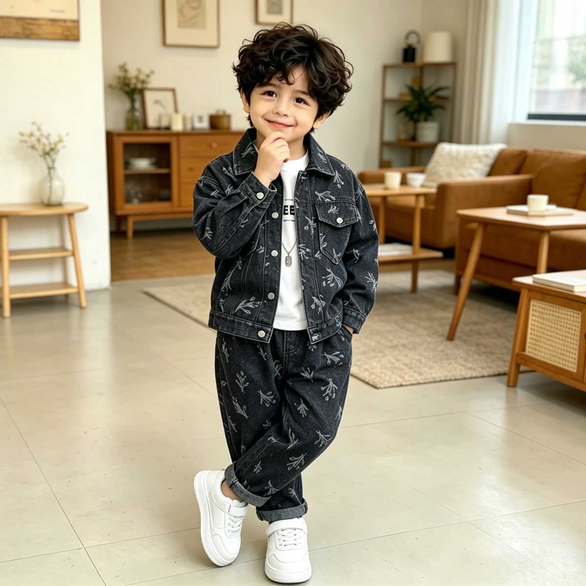 Set de 2 piezas de chaqueta y pantalones de mezclilla para niños pequeños, adecuado para uso casual, la escuela y actividades al aire libre