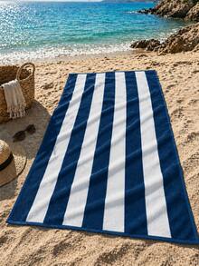100% Cotton Striped Beach Towel - Sand-Free & Ultra Absorbent & Made In Türkiye - Navy Blue - View 4
