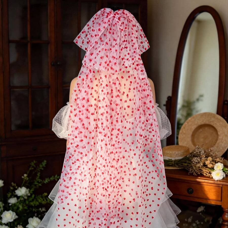 Voal alb cu accent de inimă roșie și fundă, accesoriu de păr pentru petrecerea de nuntă, festival, elegant - Inimă roșie - Vizualizare 1