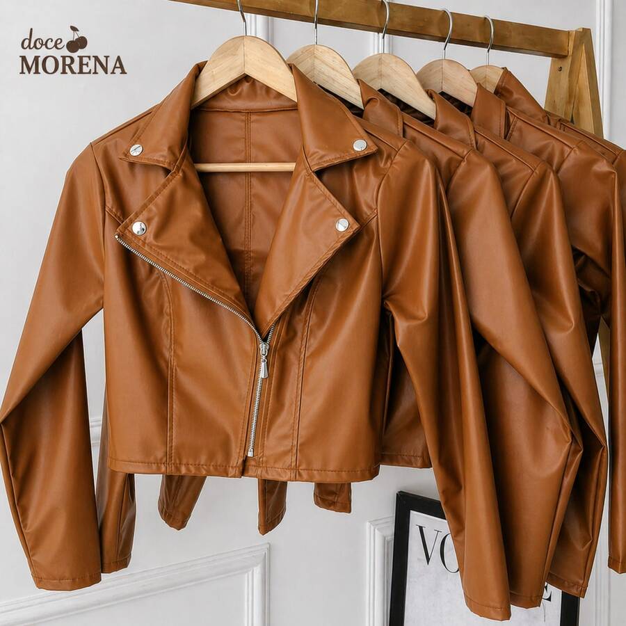 Jaqueta Feminina de Couro Elegante Botões na Frente Ziper Moda Tendencia Inverno Chic - Caramelo - Visão 1