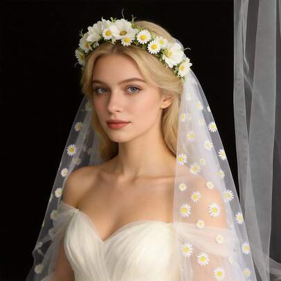 White Daisy Printed Handmade Floral Wreath Veil, Bridal Headpiece For Wedding Photography And Decoration