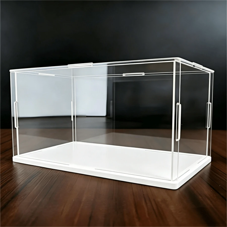 Removable Transparent Display Box, Display Cabinet, Display Case, Storage Box With Blue/Yellow/White Base, High Transparency, Suitable For Living Room, Study, Bedroom, Displaying Collections, Model Cars, Collectibles, Decorations, Crafts, Available In Different Sizes - White Base - View 1