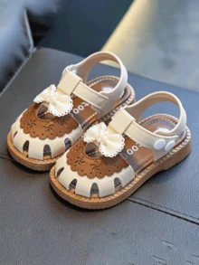 1 Pair Toddler Cute Bow Decor Hook And Loop Design Soft Sole Comfortable Multipurpose Beach Sandals, Summer, Suitable For 0-3 Years Old Babies - Beige - View 2