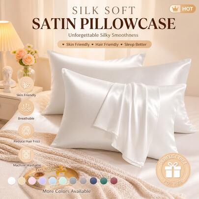 Funda de almohada de satén blanco con cierre de sobre - Funda de almohada transpirable y refrescante de poliéster tipo seda, resistente a las arrugas y al desteñido, tamaño estándar / queen / king (set de 2)