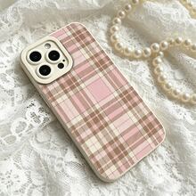 Funda ligera para X/XS/11/12/13/14/15/16 Pro con diseño de elemento de fondo de textura de patrón de tartán rosa y marrón - Protectora, anti-colisión, con estilo y duradera - Cubierta delgada de TPU para niñas y niños - Blanco - Ver 2
