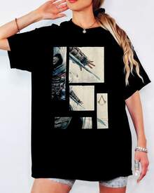 Assassin's Creed Altair T-Shirt, Hidden Blade & Logo Collage Print, Unisex Casual Gamer Top - Black - View 1