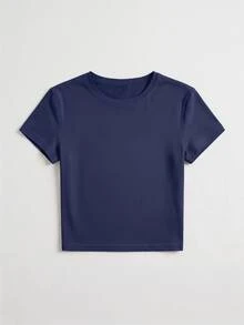 Áo thun nữ tay ngắn cổ tròn ôm dáng, chất liệu mềm mại, thoải mái, có thể giặt máy, áo croptop mùa hè. - Màu xanh hải quân - Xem 6