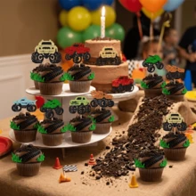 12/24 piezas Decoraciones para cupcakes con forma de camión monstruo brillante, adecuado para fiesta de cumpleaños con tema de carrera de autos, decoración de mesa de postres, decoraciones para pasteles con forma de vehículo brillante - Multicolor - Ver 5