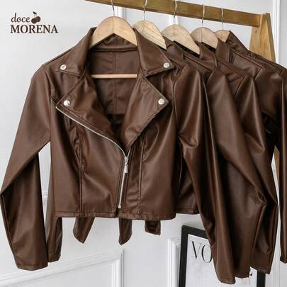Jaqueta Feminina de Couro Elegante Botões na Frente Ziper Moda Tendencia Inverno Chic