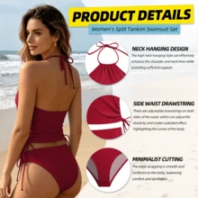 Women's Halter Neck Crop Tankini Top With Heart Print And Drawstring Detail, Casual Hipster Bikini Swimsuit - 紅色 - 查看 7