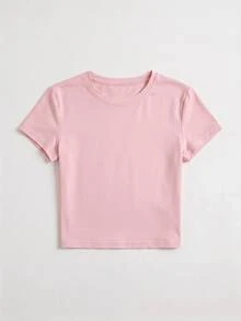T-shirt court à manches courtes et col rond pour femmes, en tissu doux et confortable, lavable en machine, Top court d'été - Rose bonbon - Voir 6