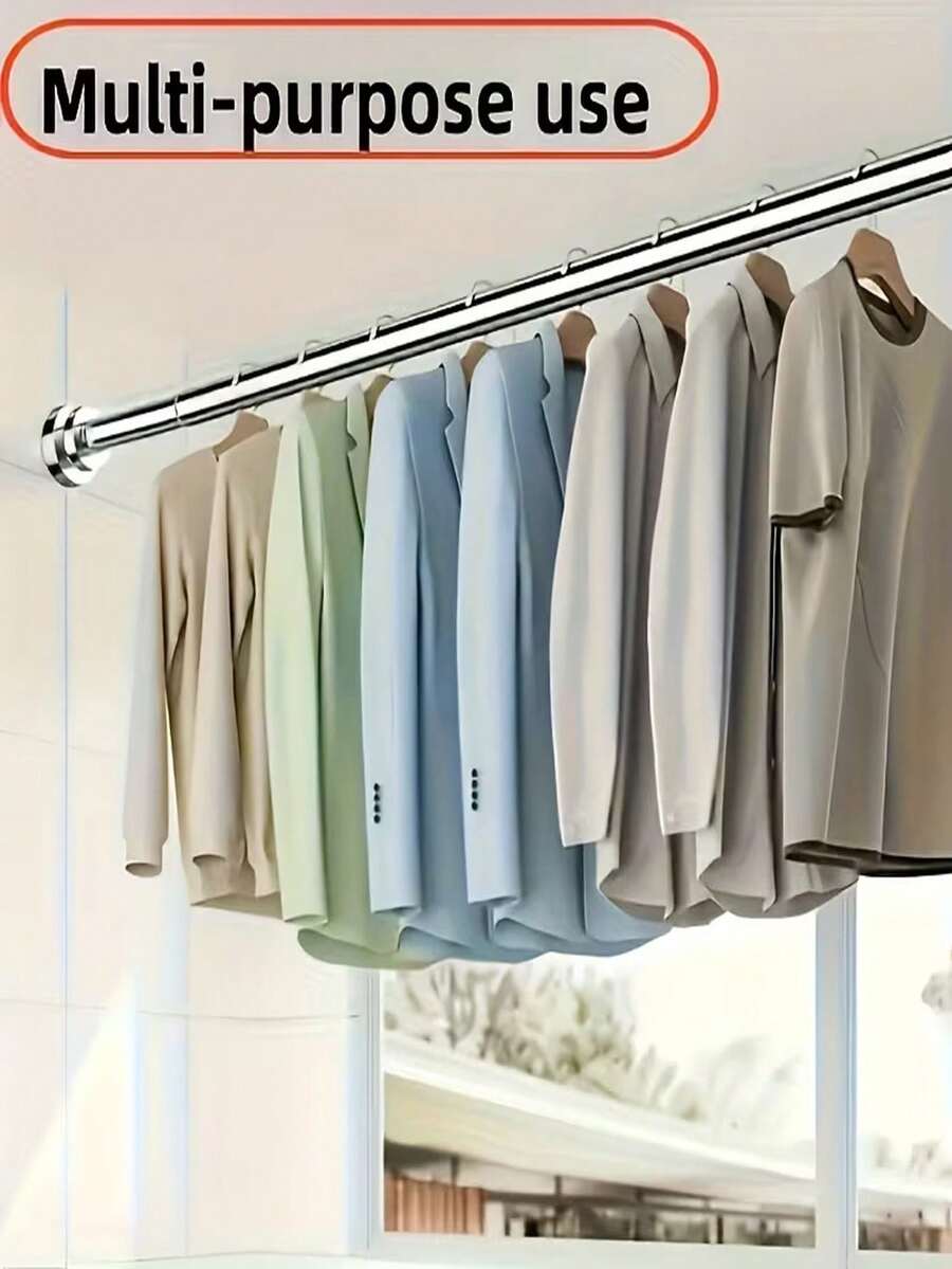 1 pieza Varilla retráctil multifuncional sin taladro, con resorte incorporado, alta capacidad de carga, base de plástico, material de acero inoxidable, varilla telescópica de metal para interiores/exteriores, barra colgante de armario, barra de almacenamiento, tendedero, barra de cortina, barra de cortina de ducha, barra de puerta/ventana, barra romana, barra de soporte de armario, barra de tensión de resorte para dormitorio, sala de estar, decoración del hogar