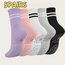3/5 Pairs Women's Pilates Mid-Calf Socks, Non-Slip Grip, Yoga Socks With Traction, Suitable For Barre, Hospital, Ballet, Dance, Barefoot Exercise - Multicolor - View 10