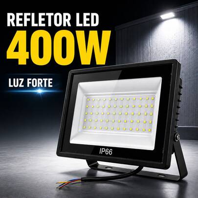 Refletor LED 400W IP66 Bivolt Luz Branca Frio 6500K Alta Potência Externo
