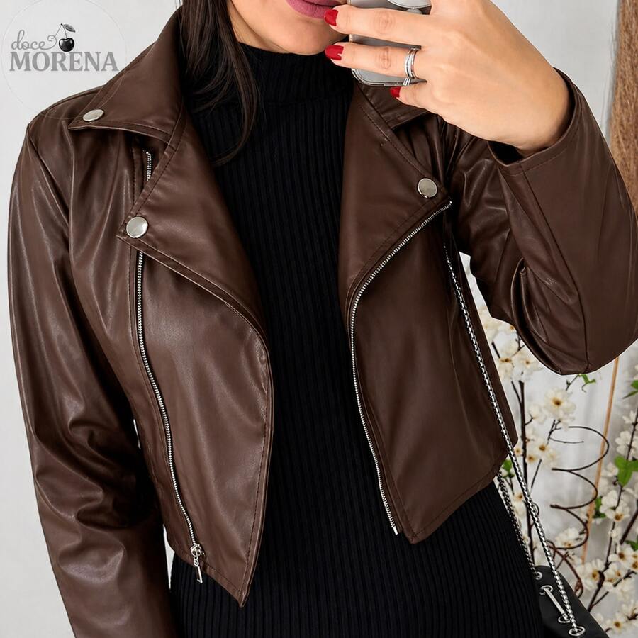 Women's Cropped Faux Leather Jacket With Zipper – Look For São João, Rodeo, Exhibition, Autumn/Winter, Elegant, Casual, Fashion 2026 - 鏽棕色 - 查看 1