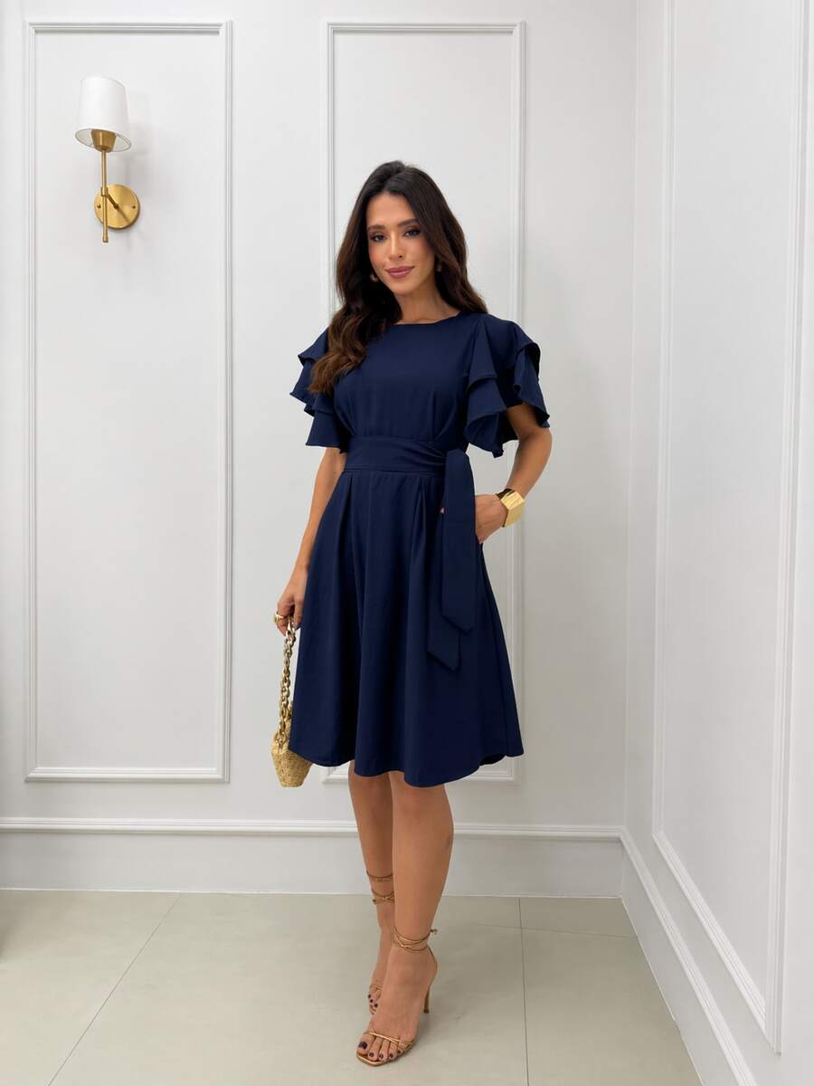 Short Midi Dress With Puff Sleeves, Ruffles, Layers, Party Skirt, Elegant, Evangelical Style. - Navy Blue - View 1