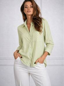 Women's Long-Sleeved Striped Linen Shirt, Brightly Colored - Lime Green - View 2