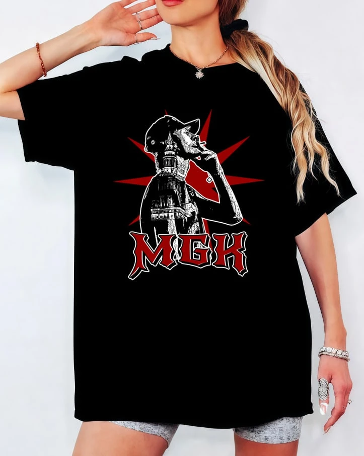 Vintage Bootleg MGK T-Shirt With Retro Rapper Silhouette Print, Unisex Casual Punk Top - Hitam - View 1