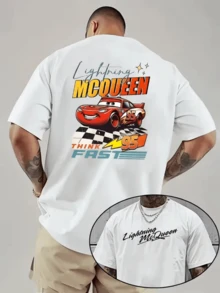 (Disney Licensed)Disney Cars Men's T-Shirt, Lightning McQueen "Think Fast" Graphic Tee, Oversized Crew Neck Short Sleeve Casual Streetwear T-Shirt, Lightning McQueen With Checkered Flag And Retro Text Print Men's Summer Top, Disney Officially Authorized Men's Short-Sleeved T-Shirts, Mens Clothes, Men, Ropa De Hombre, Summer Clothes, Men Shirts, Graphic Tees, Disney Outfits Men, Graphic Tees, Camisetas Para Hombre, Camisas Para Hombre, Summer Outfits For Men, Father's Day Gift, Perfect Gift For Family And Friends, Which Are Necessary For Birthday Parties, Disney Shirts, Mens Clothes, Summer Clothes, Officially Licensed Disney T-Shirts, Disney Men's And Women's Spring/Summer Fashion Casual Short-Sleeve T-Shirts - 白色 - 查看 1