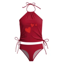 Women's Halter Neck Crop Tankini Top With Heart Print And Drawstring Detail, Casual Hipster Bikini Swimsuit - 紅色 - 查看 2