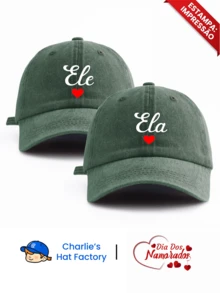2pcs "Ele & Ela" Heart Print Washed Baseball Cap, Couple Style Multiple Colors Retro Design, Valentine's Day Couple Gift, Valentine's Day Travel Accessory,Beach,Festival - Ela & Ele - View 15