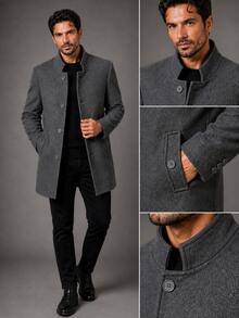 Men's Overcoat, Felted Wool, High Collar. - 深灰色 - 查看 4