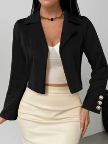 Short Cropped Blazer With Gold Cuff Buttons, French Hot Girl Style High-Waist Cropped Fit, Long Sleeve Open Front Design, Simple And Versatile Black - Black - View 2