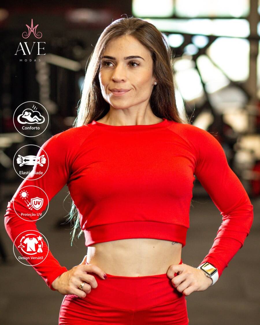 Cropped Manga Longa Suplex Top Fitness Academia Moda Feminina - Vermelho - Visão 1