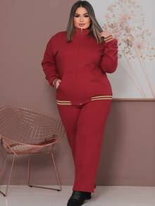Plus Size Tracksuit Set With Lace Detail, Women's Winter Fashion. - 亮橙色 - 查看 4