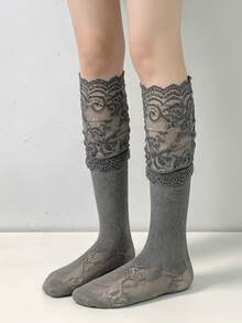 1/4 Pasang Kaos Kaki Setinggi Lutut Tebal Manis Motif Renda Patchwork Baru Musim Semi/Panas - MultiWarna - View 9
